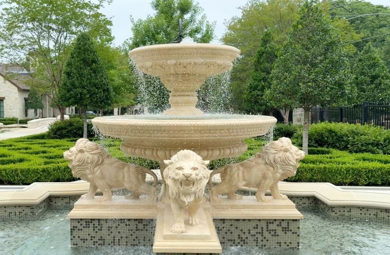 Hand carved Egyptian Limestone Lions and Bowls for entry driveway water feature with tile mosaic fountain and Crystal Fountains laminars.
