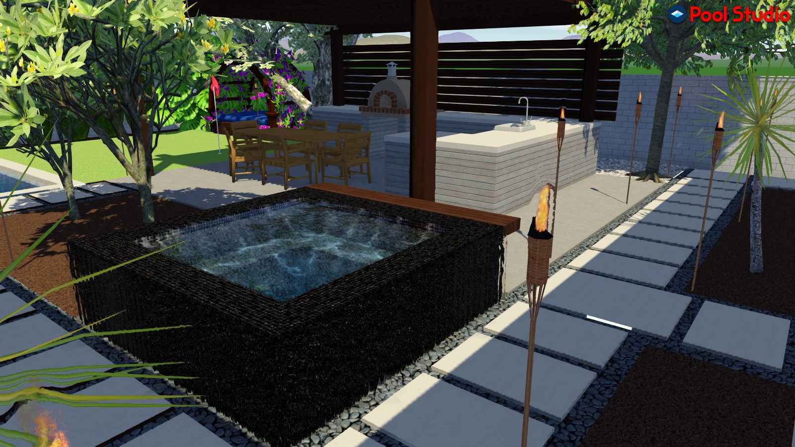 3D Rendering of perimeter overflow spa with black plaster and mosaic black tiles, colored and brushed concrete pavers, ourdoor pergola with shade screen, outdoor sink, grill, and custom pizza over.