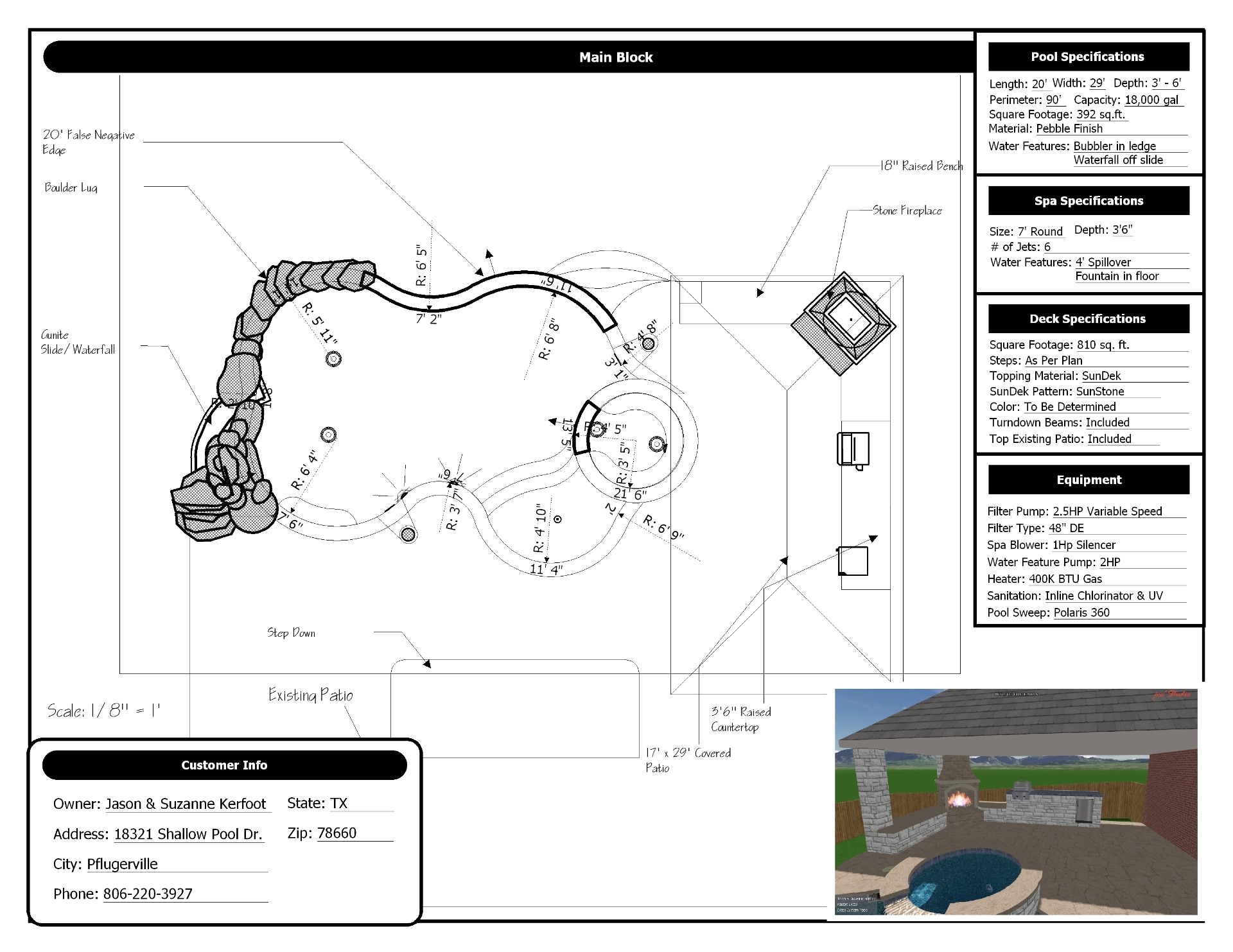 2D Drawing of Swimming Pool, Spa, and Water Feature layout